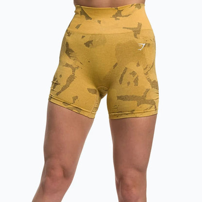 Gymshark Ladies Adapt Camo Seamless Yellow Training Shorts