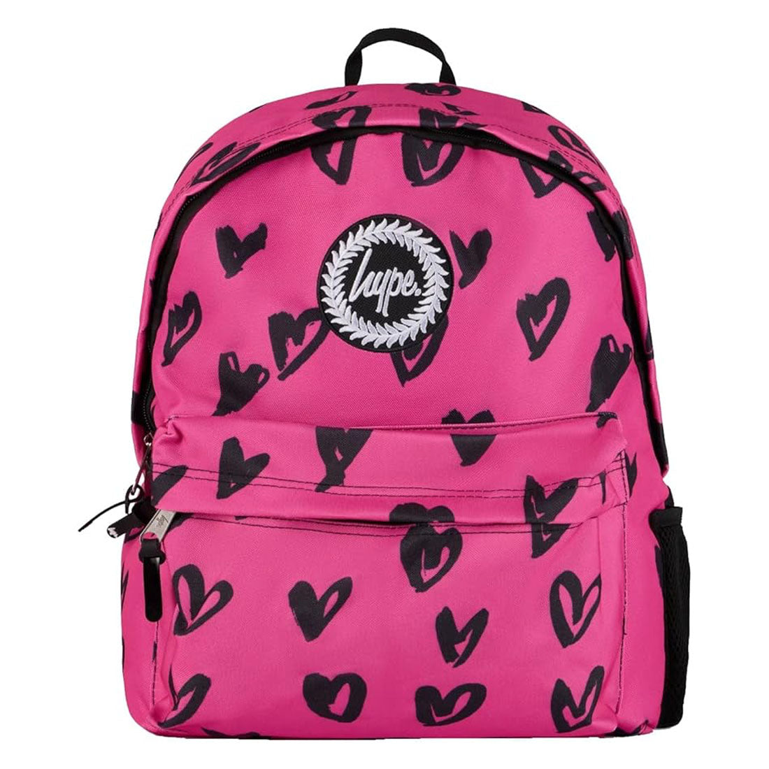 Hype Black Pink Scribble Hearts Adjustable School  Backpack With Bottle Pocket