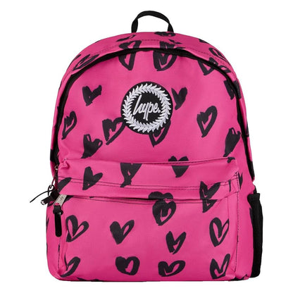 Hype Black Pink Scribble Hearts Adjustable School  Backpack With Bottle Pocket