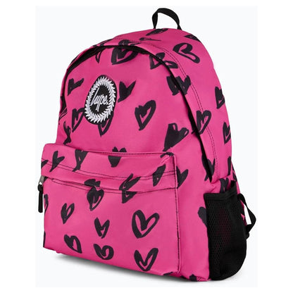 Hype Black Pink Scribble Hearts Adjustable School  Backpack With Bottle Pocket