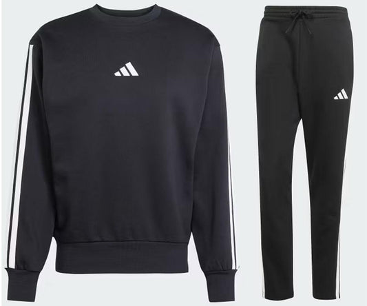 adidas Full Tracksuit Mens Black 3 Stripe Logo Crew Neck Sweatshirt Pants Set