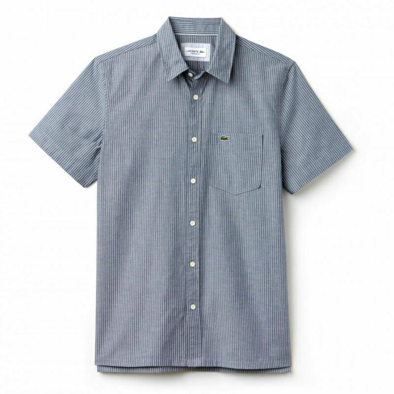 Lacoste Striped Grey Cotton Canvas Collared Shirt 40 / M